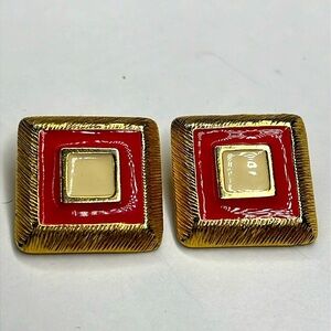 1” Square Goldtone Red Cream Enamel Clip Earrings